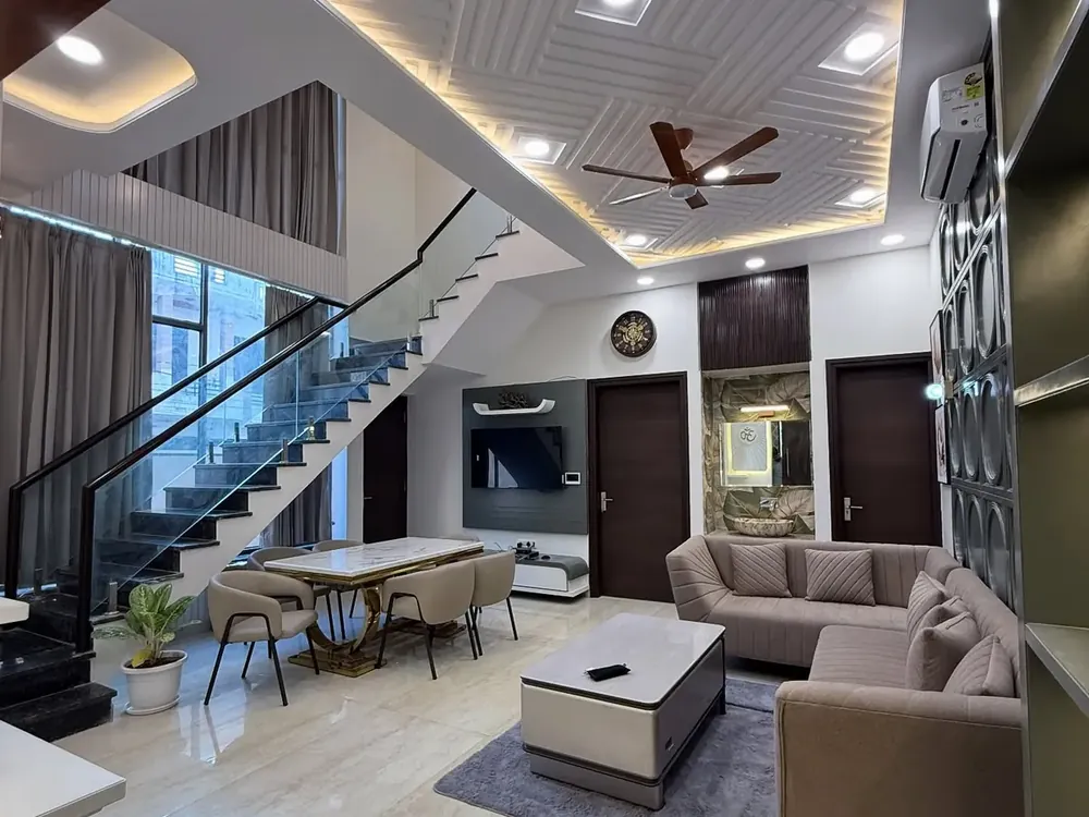 Double-height living and dining room