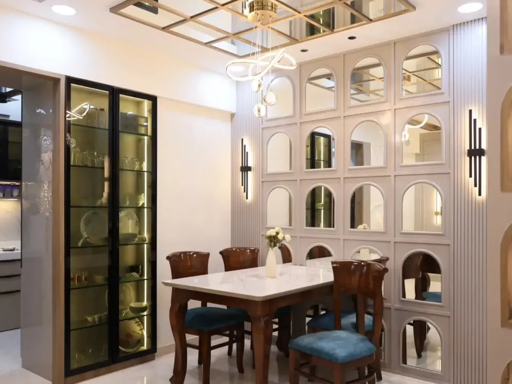 Dining area with glass crockery unit