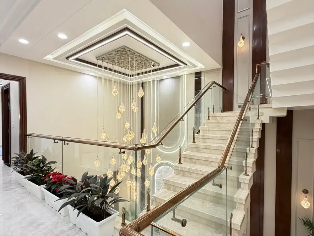 Staircase with glass railing